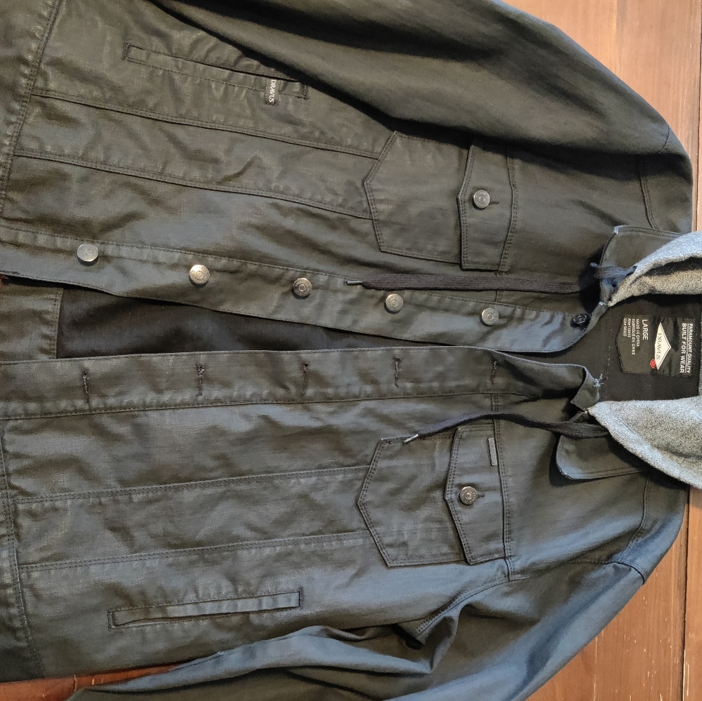 Men's black jean jacket with charcoal/grey hood